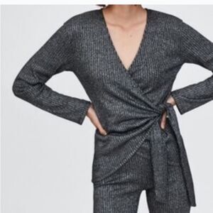 Zara true wrap metallic long sleeve ribbed knit cardigan style blouse